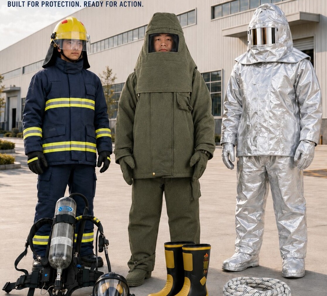 Three protective suit configurations and firefighting equipment from the Suxing catalogue