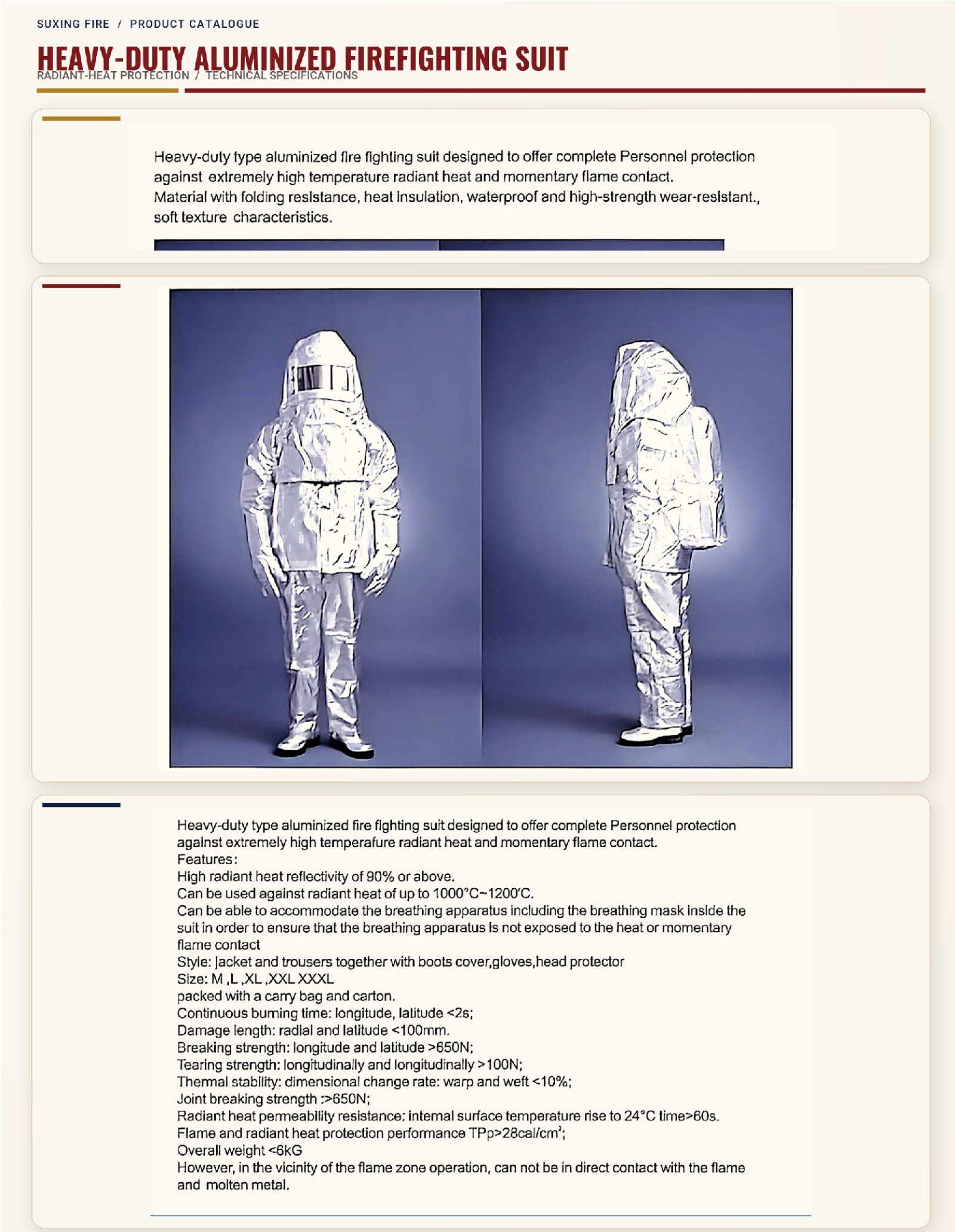 Complete catalogue page 8: Heavy-Duty Aluminized Firefighting Suit, including all original product photographs, diagrams, specifications and descriptions